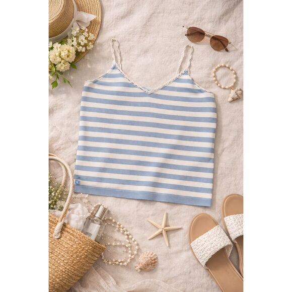 vintage y2k ralph lauren knit blue/white stripe cami top cottagecore coastal XS - Picture 2 of 9